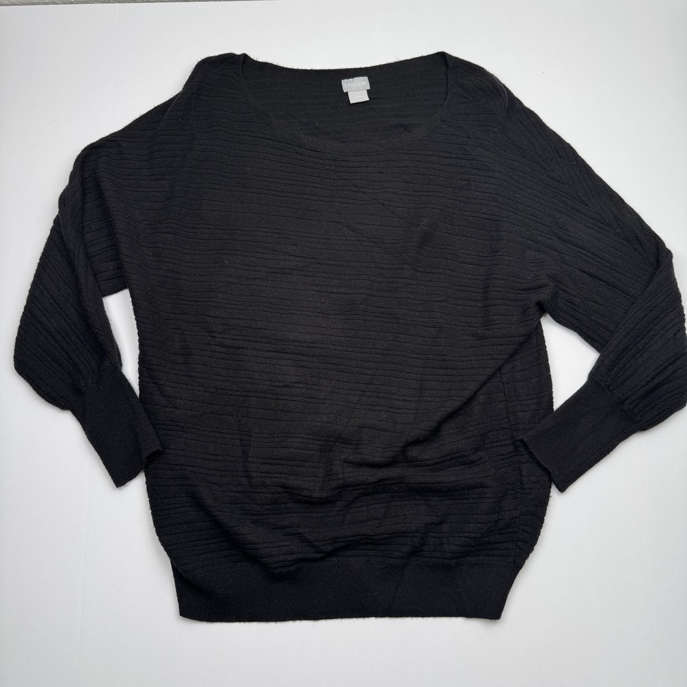 Chico's Sweater Womens Medium Black Textured Scoop Neck Cashmere Blend Pullover